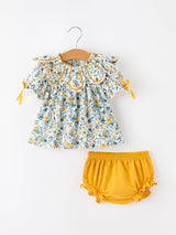 Floral Girls Outfit Set Yellow Puff Sleeve Top Bloomers Set