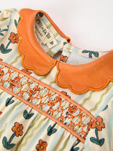 Fall Floral Stripe Baby Romper Petals Collar Smocked Puff Sleeve