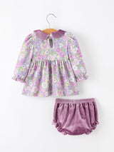Purple Floral Velvet Baby Girl Outfit Set Ruffle Bow Bloomers
