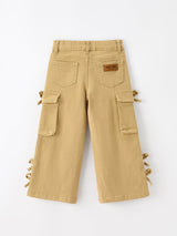 Girls Solid Cargo Leggings Side Bow Pocket Wide Leg Pants