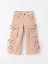 Girls Solid Cargo Leggings Side Bow Pocket Wide Leg Pants