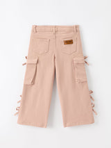 Girls Solid Cargo Leggings Side Bow Pocket Wide Leg Pants