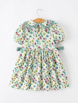 Green Floral Girls Dress Petal Collar Bow Waist Puff Sleeve Dress