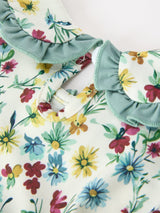 Green Floral Girls Dress Petal Collar Bow Waist Puff Sleeve Dress