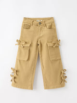 Girls Solid Cargo Leggings Side Bow Pocket Wide Leg Pants
