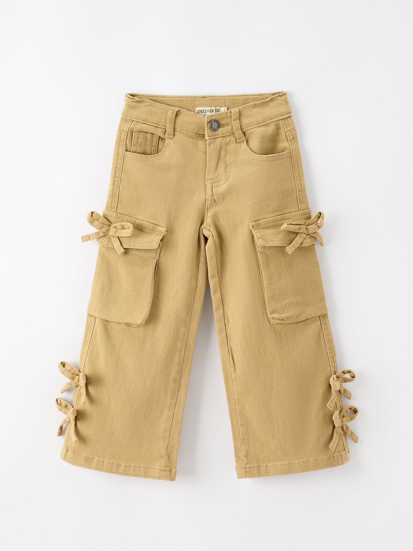 Girls Solid Cargo Leggings Side Bow Pocket Wide Leg Pants