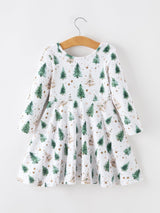 Girls Christmas Tree & Star Ribbed Print Twirl Dress