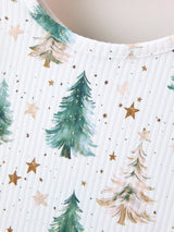 Girls Christmas Tree & Star Ribbed Print Twirl Dress
