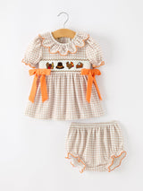 Thanksgiving Smocked Girls Dress Bloomer Set Turkey Embroidery