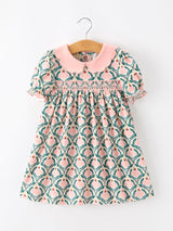Fall Geometric Floral Girls Dress Petals Collar Smocked