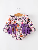 Halloween Pumpkin Ghost Baby Girl Bubble Romper Ruffle Bow Detail