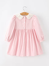 Fall Pink Smocked Girls Dress Peter Pan Collar Long Sleeve Floral Detail