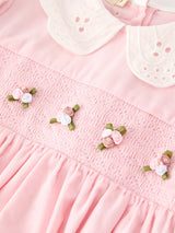 Fall Pink Smocked Girls Dress Peter Pan Collar Long Sleeve Floral Detail