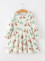 Christmas Girls Deer & Pine Tree Holiday Twirl Dress
