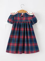 Navy Red Christmas Plaid Wreath Embroidered Girl Dress