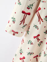Girls Christmas Bow & Berry Print Twirl Dress