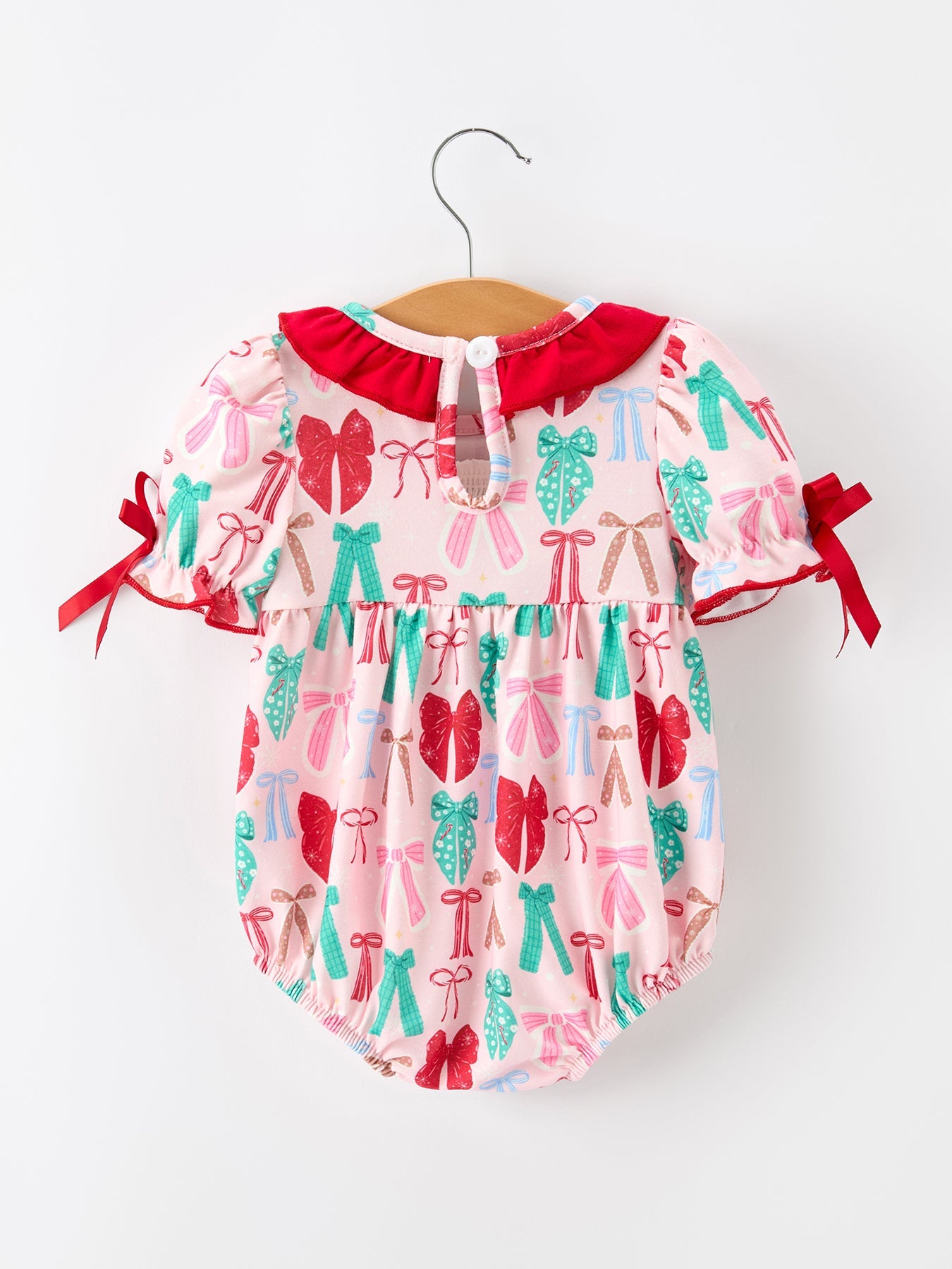 Baby Girl Christmas Smocked Bubble Romper Bow Print