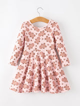 Christmas Girls Gingerbread Print Twirl Long Sleeve Dress