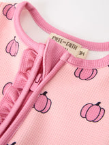 Fall Thanksgiving Pink Pumpkin Ruffle Zip Sleeper Waffle Jumpsuit