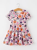 Halloween Pumpkin Ghost Print Girls Twirl Dress Short Sleeve