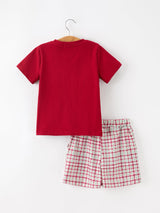 Fall Pumpkin Boys Outfit Set Red Tee Plaid Shorts Set