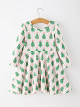 Christmas Girls Pink Stripe Tree Bow Twirl Dress