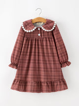 Girls Brown Plaid Lace-Trim Peter Pan Collar Dress