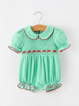 Christmas Girls Green Plaid Smocked Bow Bubble Romper
