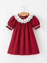 Christmas Holly Embroidered Girls Dress Petals Collar Puff Sleeve