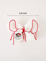 Girls' Christmas Santa Embroidered 6.25" Hair Bow – White/Pink