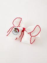 Girls' Christmas Santa Embroidered 6.25" Hair Bow – White/Pink