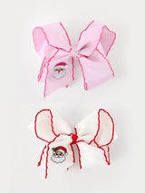 Girls' Christmas Santa Embroidered 6.25" Hair Bow – White/Pink
