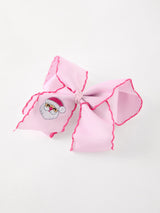 Girls' Christmas Santa Embroidered 6.25" Hair Bow – White/Pink