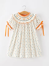 Halloween Pumpkin Smocked Girls Dress Polka Dot Ruffle Sleeve