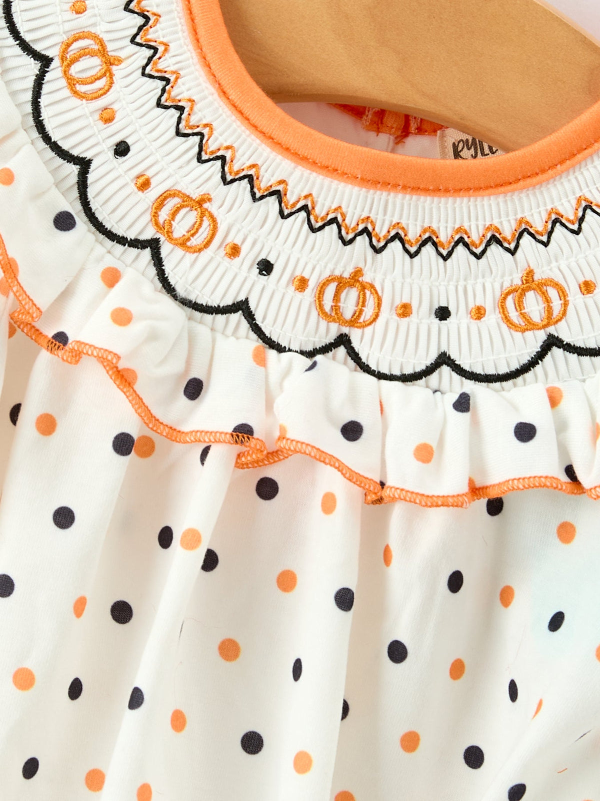 Halloween Pumpkin Smocked Girls Dress Polka Dot Ruffle Sleeve