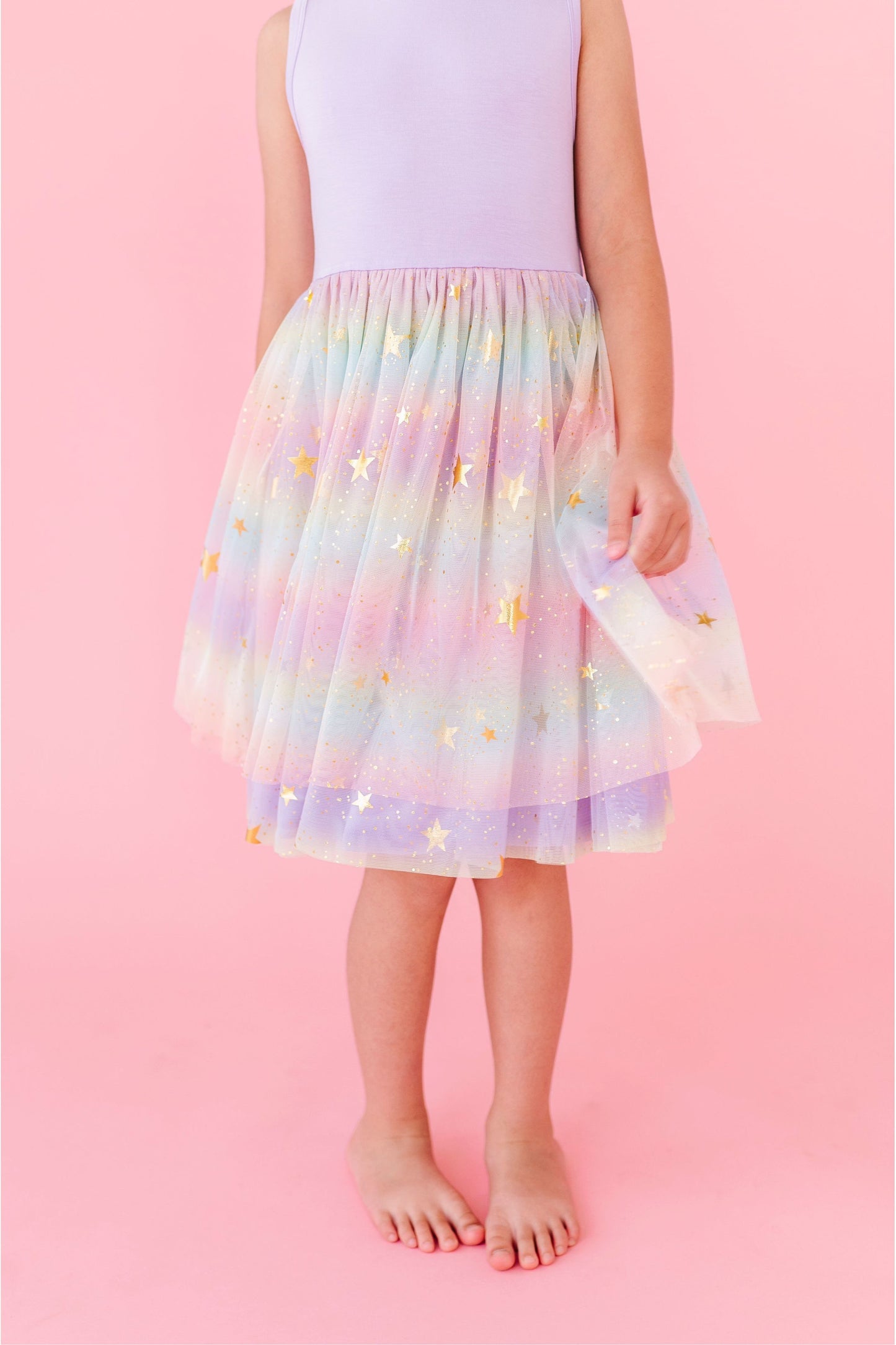 Three Little Tots Preorder Bamboo Tulle Dress - Rainbow Ombre Twinkle, another angle