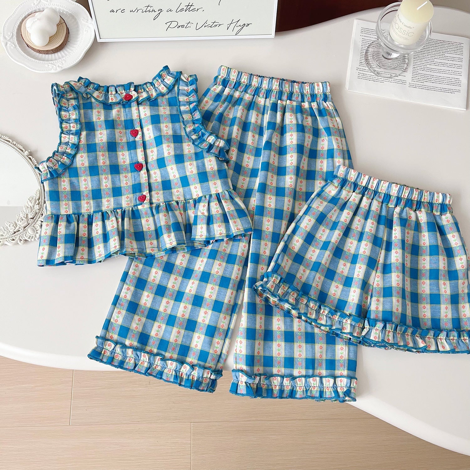 Summer 4th of July Plaid Three Piece Set For Girls