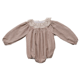 Camel Gingham Lace Bubble Romper