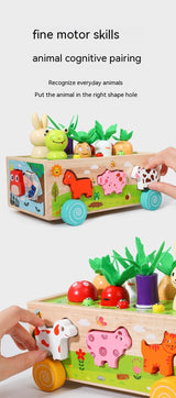 Three Little Tots Wooden Farm Animal Car Pulling Radishes Bug Catching Educational Toy, alternate angle
