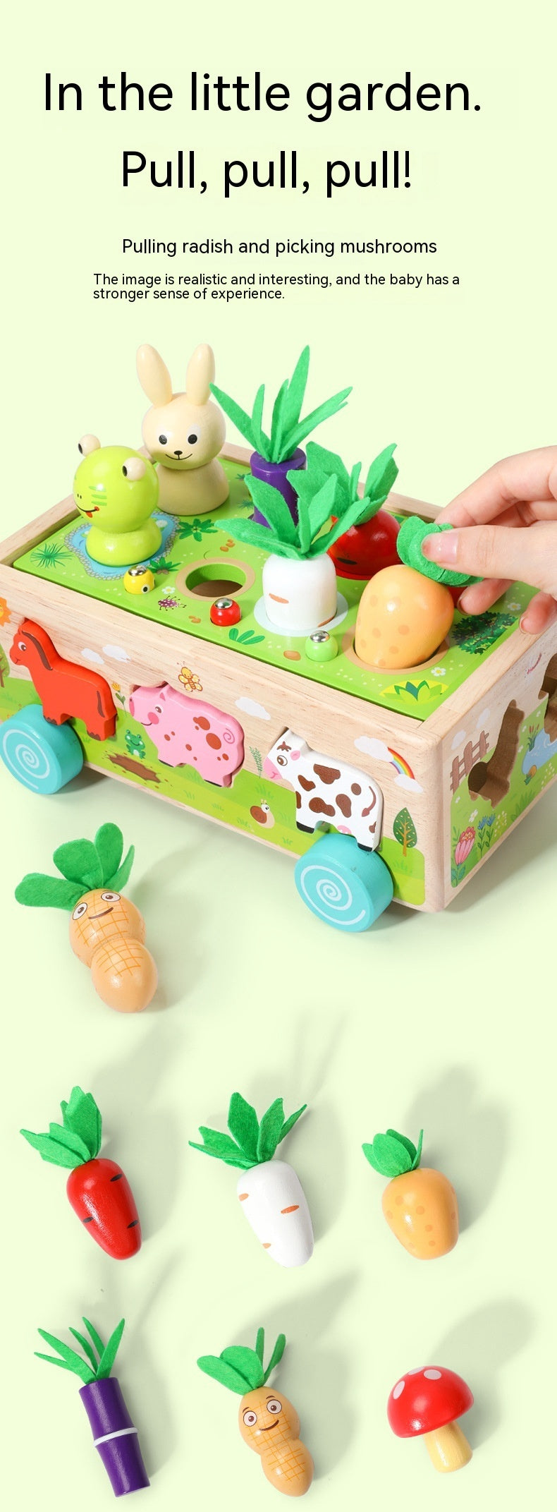 Three Little Tots Wooden Farm Animal Car Pulling Radishes Bug Catching Educational Toy, additional view