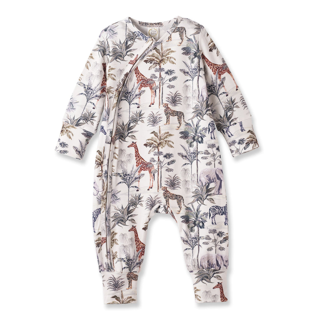 Jungle Safari Bamboo Zipper Romper with Convertible Cuffs