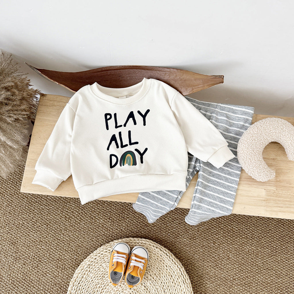 Loose Children's Clothing Letter Print Round Neck Long Sleeve Striped Trousers Suit