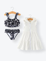 Summer Black Floral Girl Two Piece Swimsuit and Cover-up Set