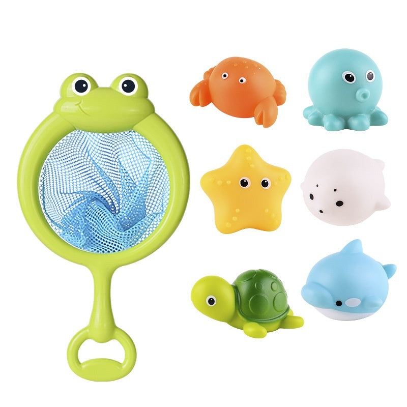 Three Little Tots Baby Bath Toys Turtle Sprinkler Net Fish Catching Shark, in Frog Skimmer Suit