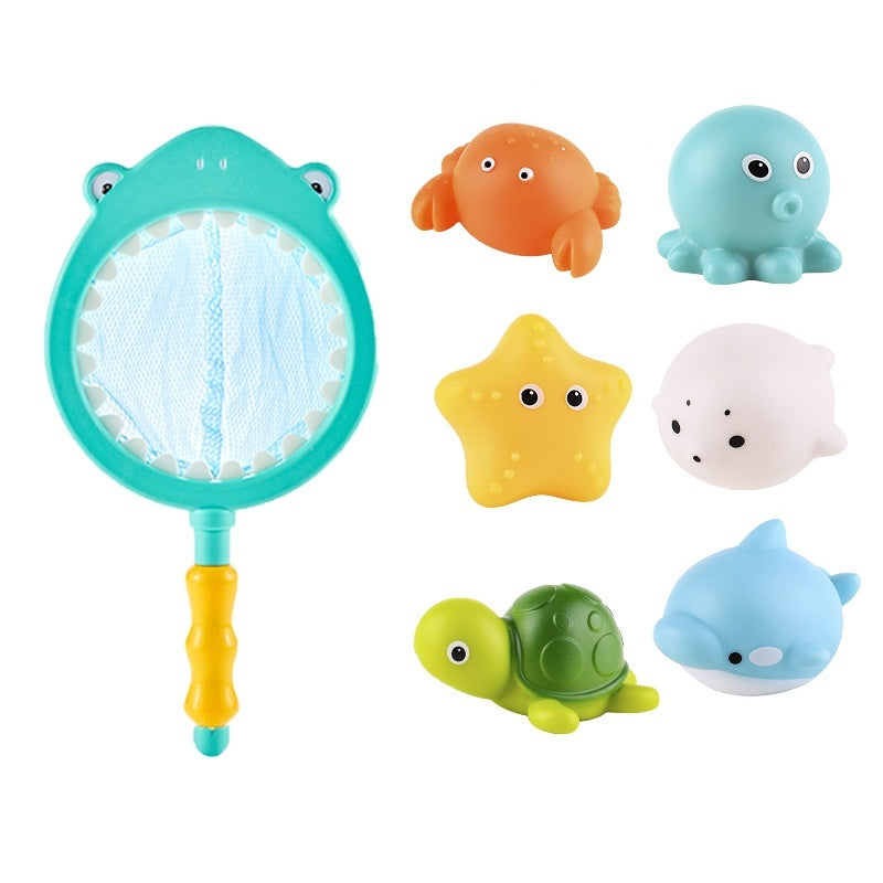 Three Little Tots Baby Bath Toys Turtle Sprinkler Net Fish Catching Shark, in Shark Skimmer Suit