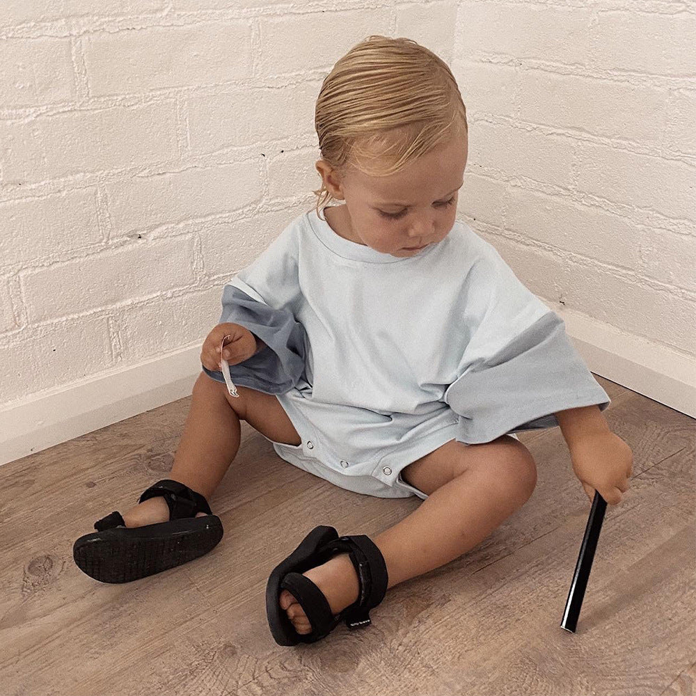 Three Little Tots Baby Boy Solid Color Stitching Triangle Short-sleeved Jumpsuit, additional product photo