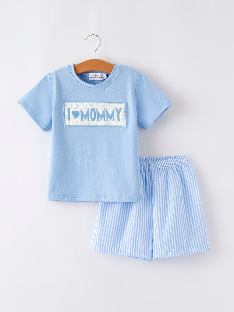 Children's blue t-shirt and shorts set with 'I love mommy' text on a white background
