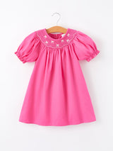 Three Little Tots Girls Bow Smocking Embroidery Hot Pink Dress