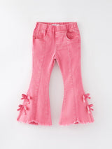 Girls Pink Bow Flared Elastic Denim Pants