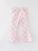 Three Little Tots Fall Girls Pink Bow Print Elastic Flared Jeans Denim pant